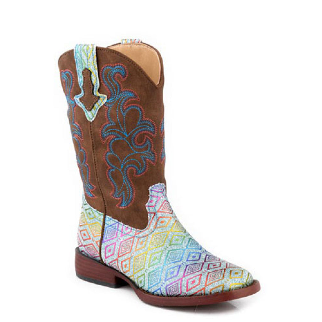 Roper Little Kids Glitter Maya Boots Blue Aztec Glitter/Brown 09-018-1901-3616