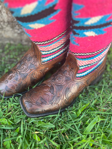 09-021-0914-3283 Roper Ladies Becca Boots Brown Tooled Leather/Woven Serape