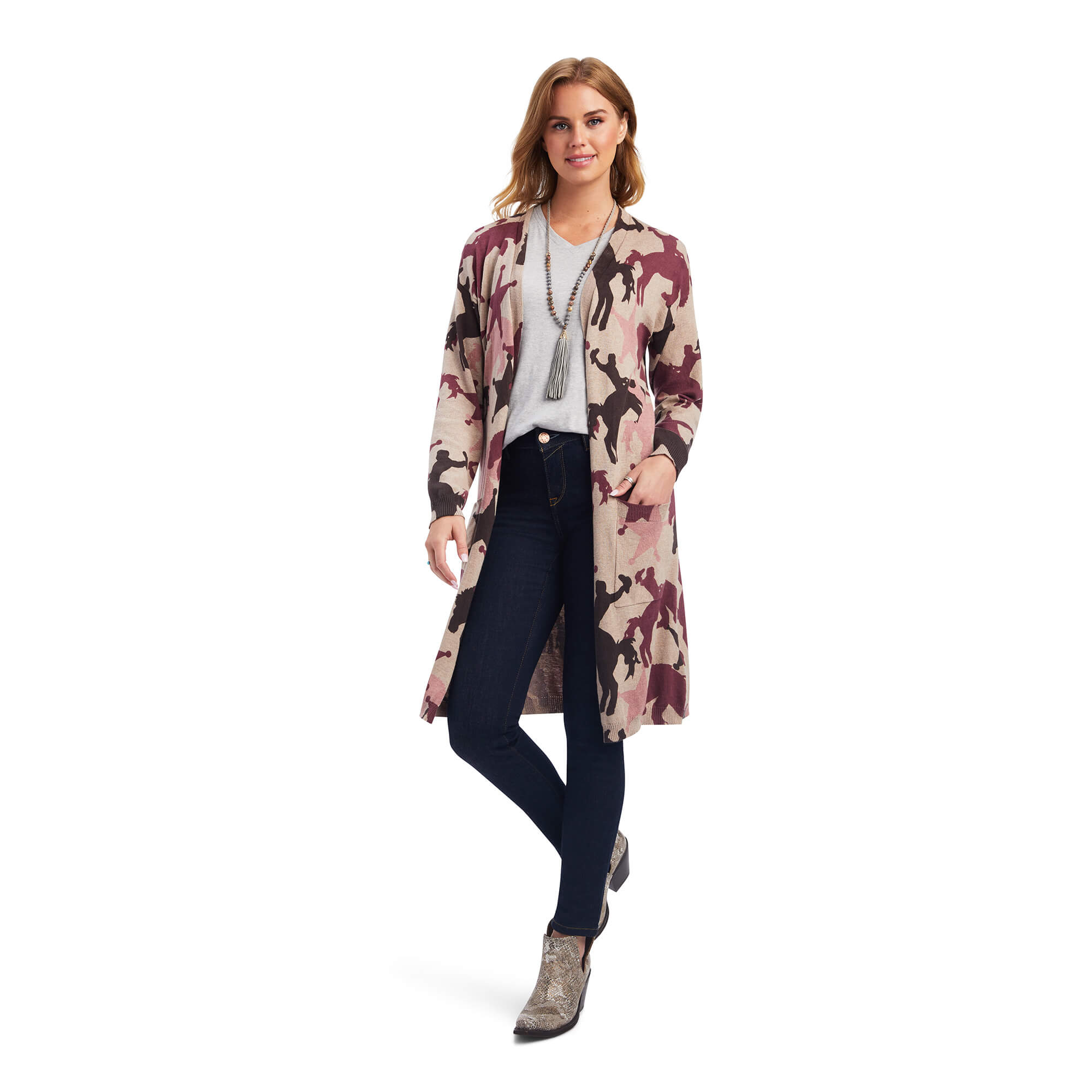 10041673 Ariat Ladies Ride Into The Sunset Cardigan Brown/Heather Oatmeal