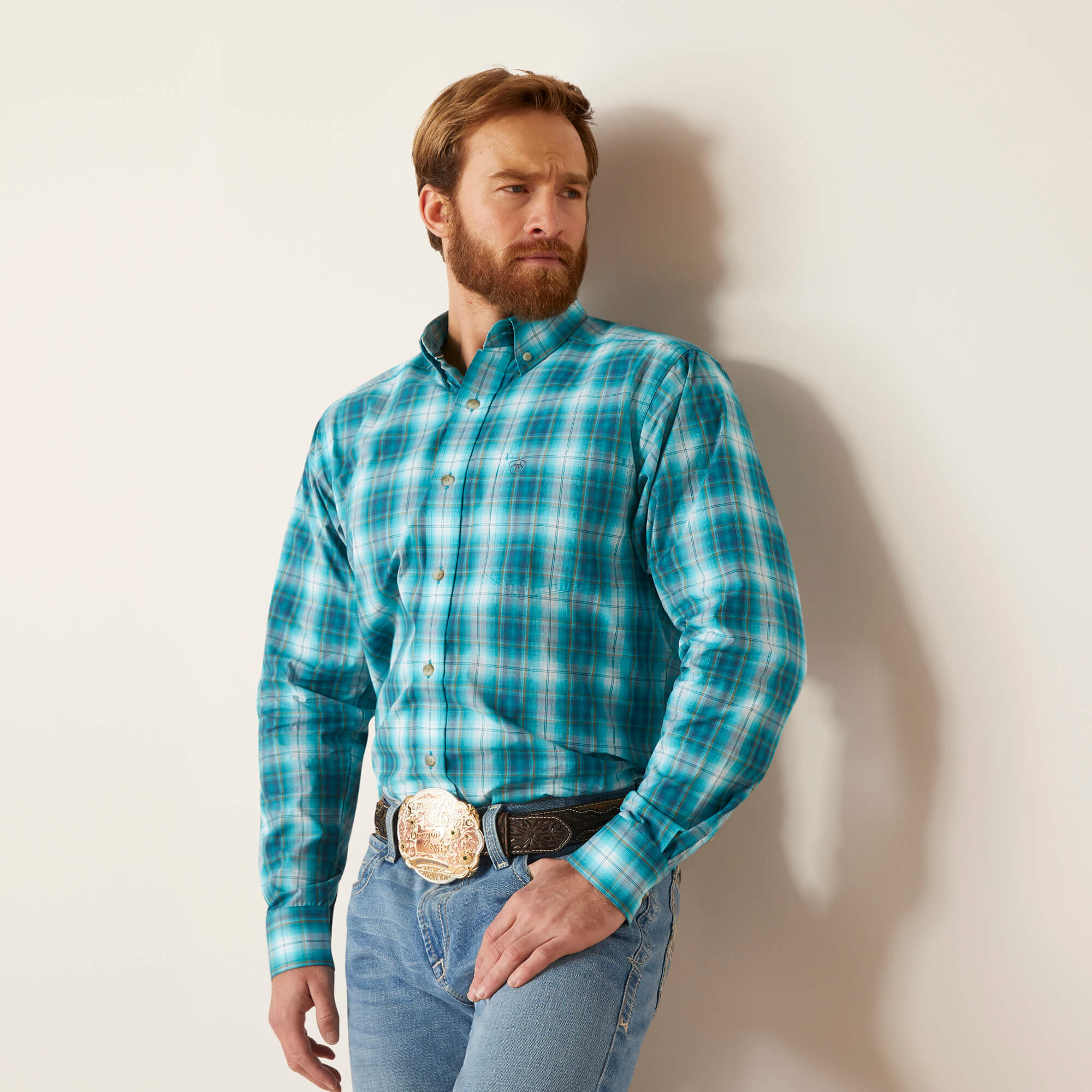 10046235 Ariat Mens Pro Series Banks Fitted L/S Shirt White/Blue Check