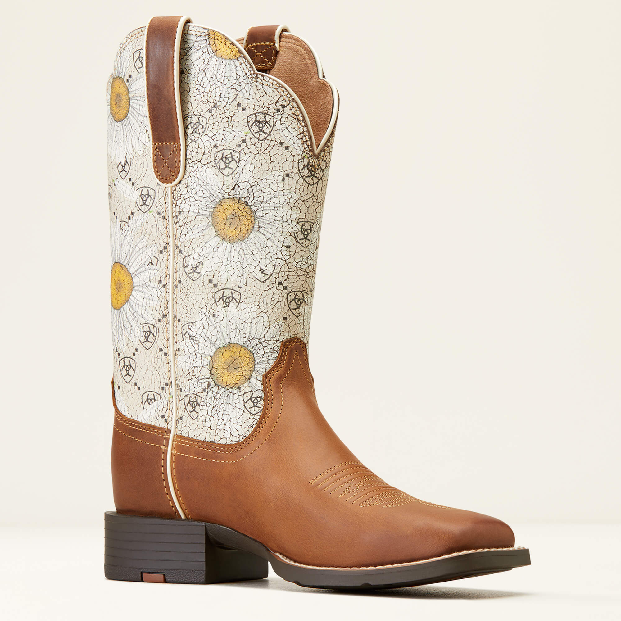 10046881 Ariat Ladies Round Up Wide Square Toe Boot Canyon Brown/Daisy Logo Print