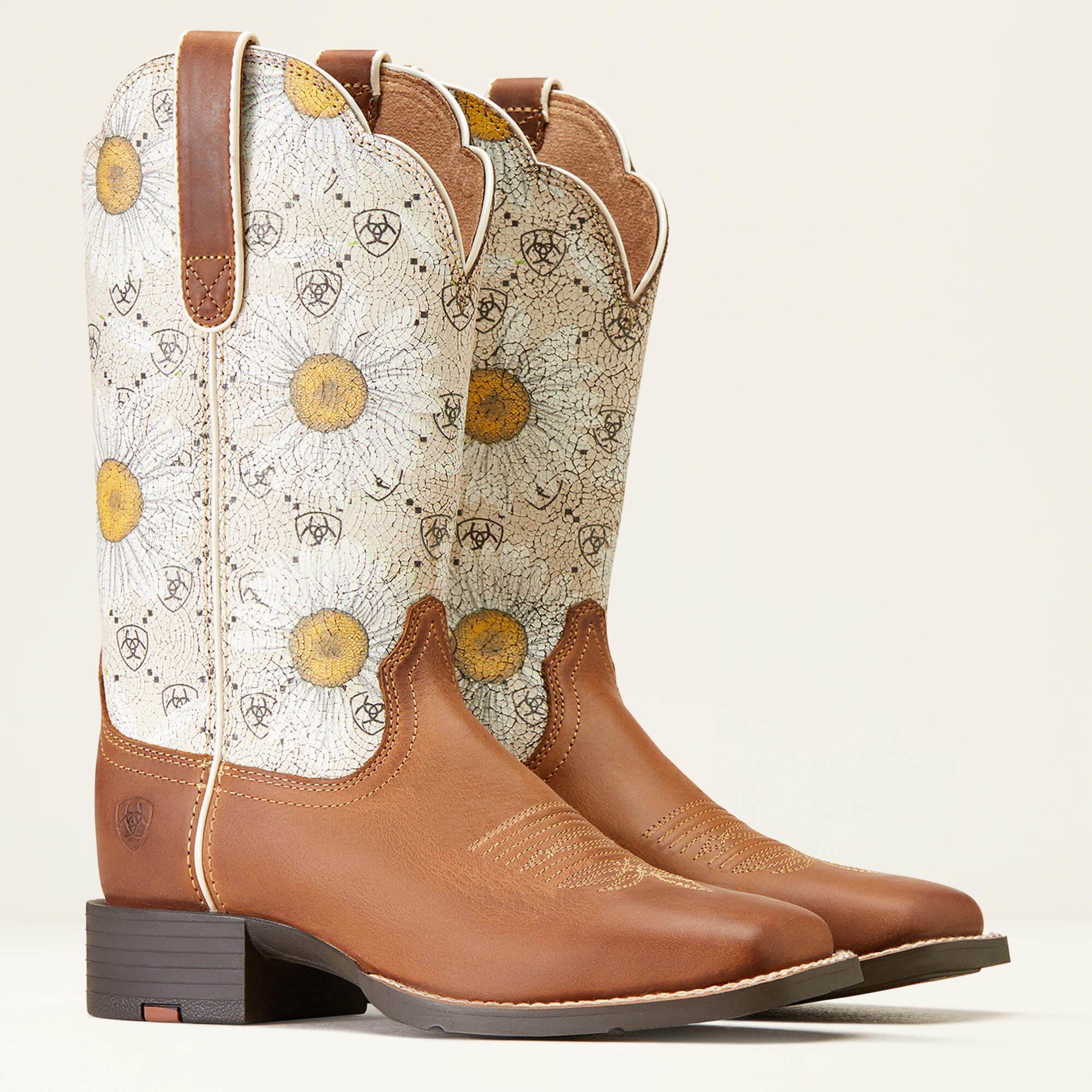 10046881 Ariat Ladies Round Up Wide Square Toe Boot Canyon Brown/Daisy Logo Print