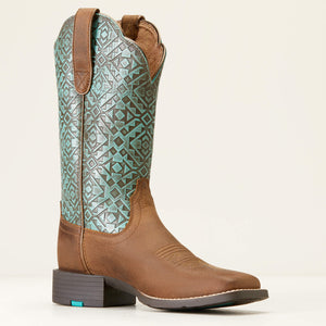 10046882 Ariat Ladies Round Up Wide Square Toe Boot Old Earth/Turquoise Blanket Emboss