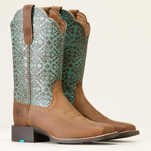 10046882 Ariat Ladies Round Up Wide Square Toe Boot Old Earth/Turquoise Blanket Emboss