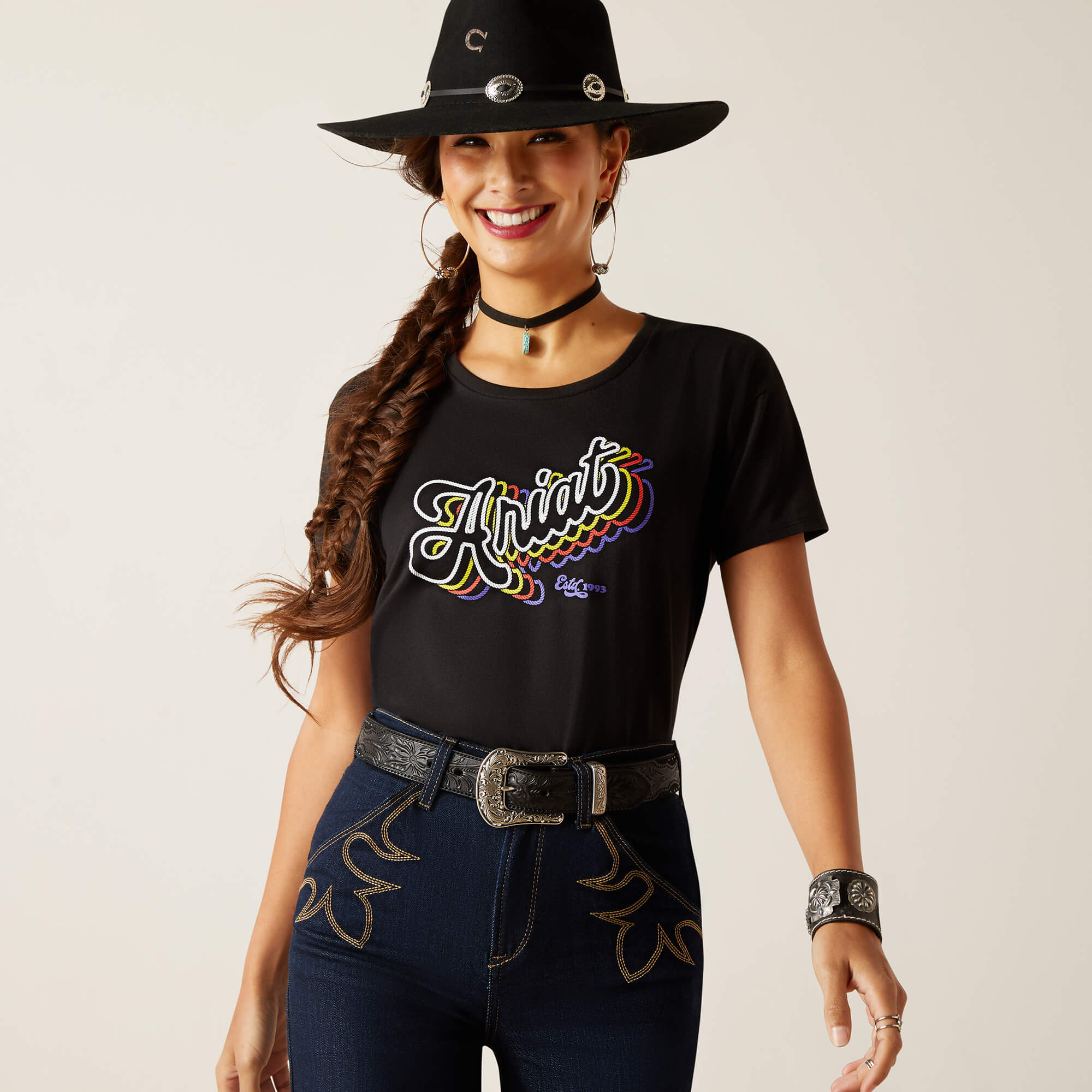 Ariat Ladies Rainbow Script Short Sleeve Tee Black