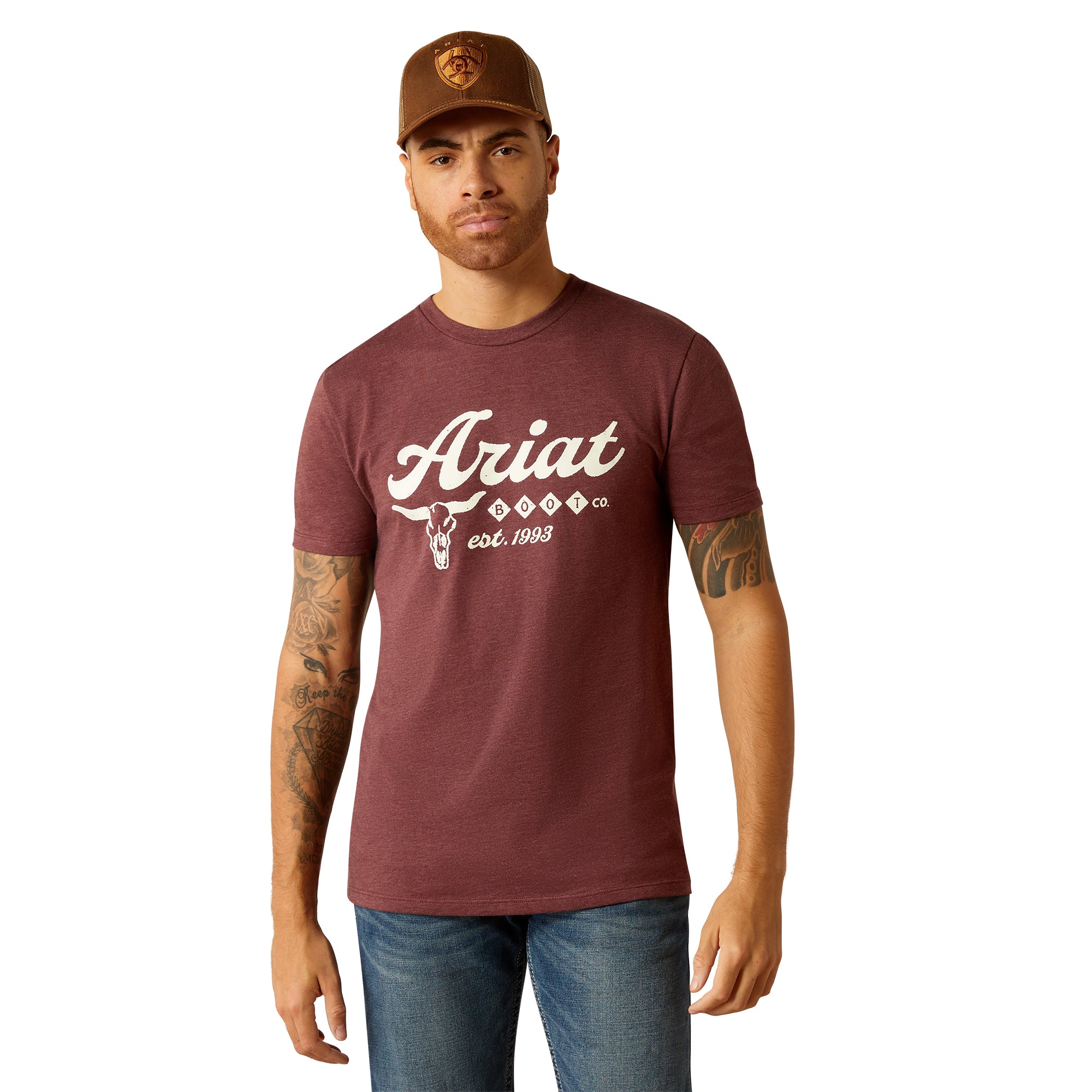 10052504 Ariat Mens Established Boot Co S/S Tee Maroon Heather