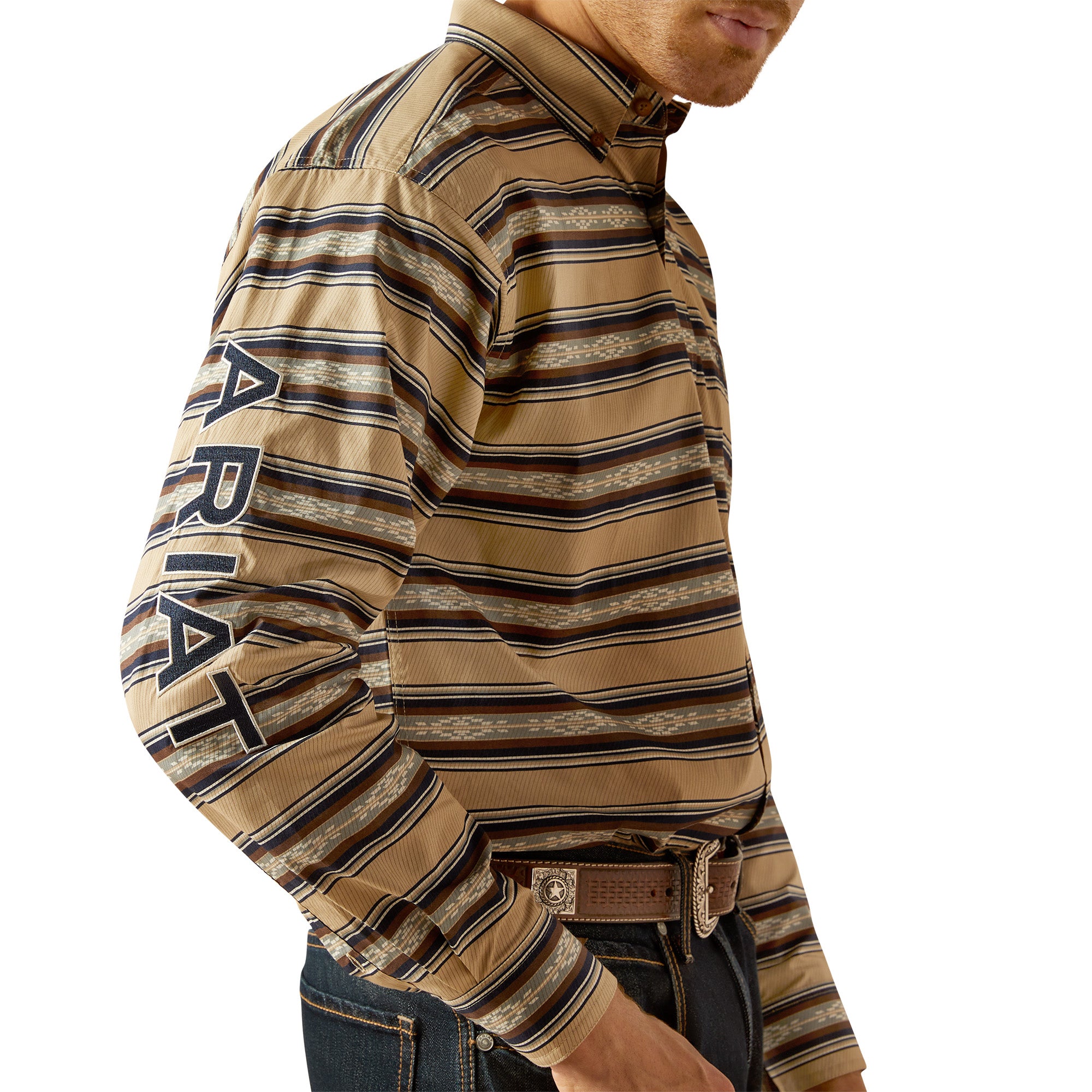 10052625 Ariat Men's Team Korbyn L/S Shirt Tan/Navy Blue