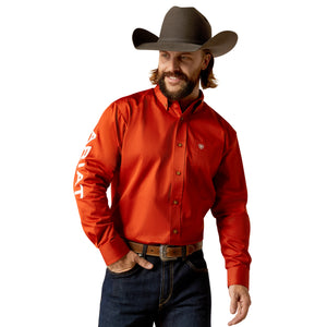 Ariat Mens Team Logo Twill L/S Shirt Dark Orange/White 10052823