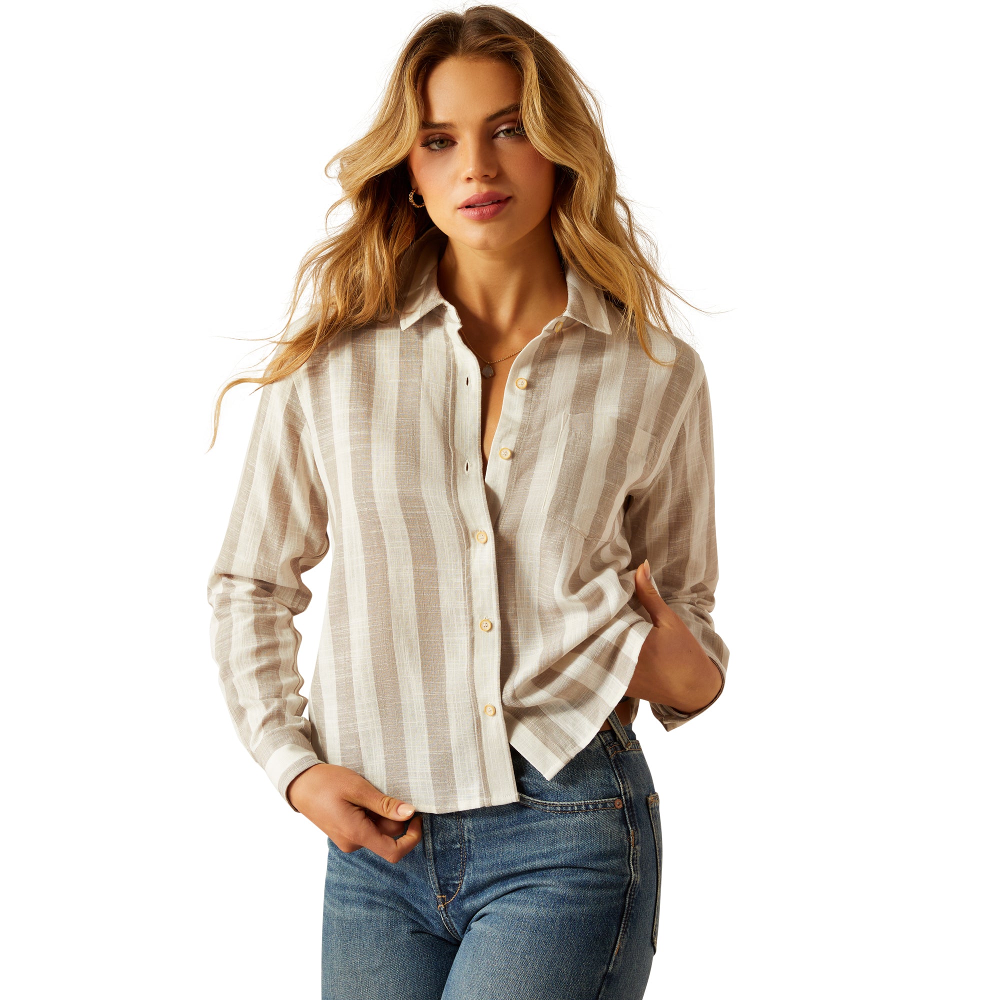 10054995 Ariat Ladies Rudford L/S Shirt Khaki Stripe