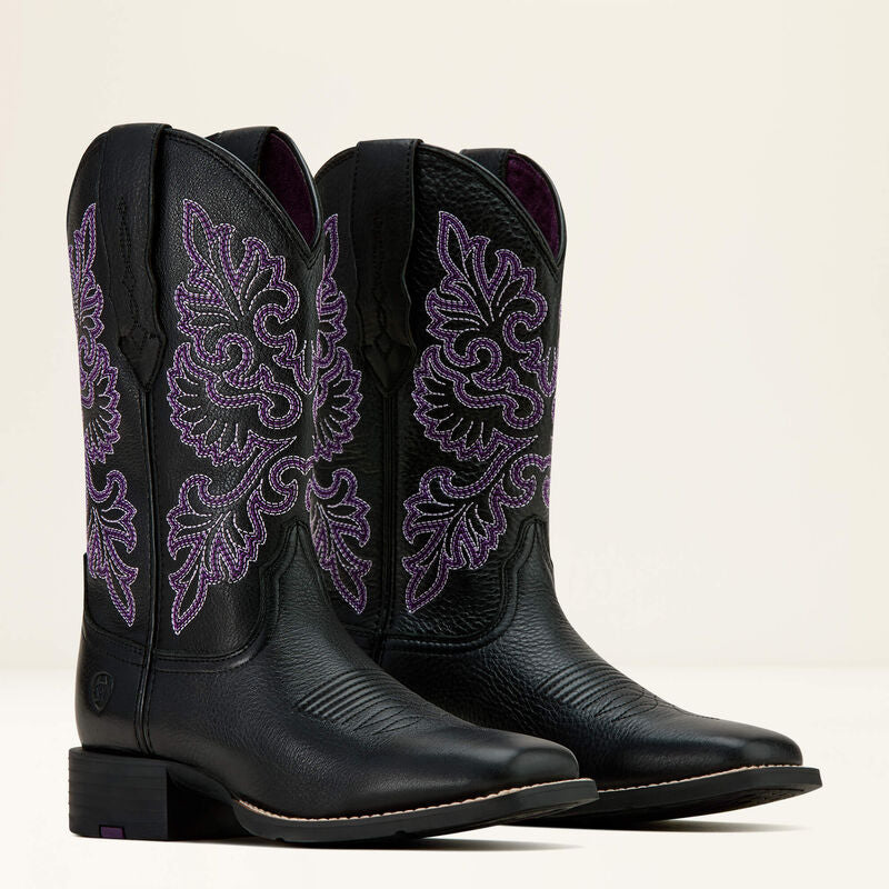 Ariat Ladies Round Up Wide Square Toe Stretchfit Western Boot Black Deertan