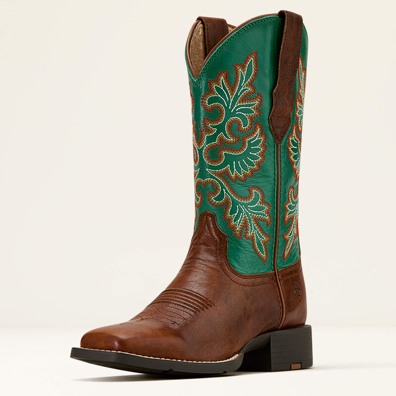 Ariat Ladies Round Up Wide Square Toe Stretchfit Western Boot Arizona Brown/Aged Jade