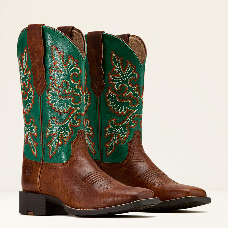 Ariat Ladies Round Up Wide Square Toe Stretchfit Western Boot Arizona Brown/Aged Jade