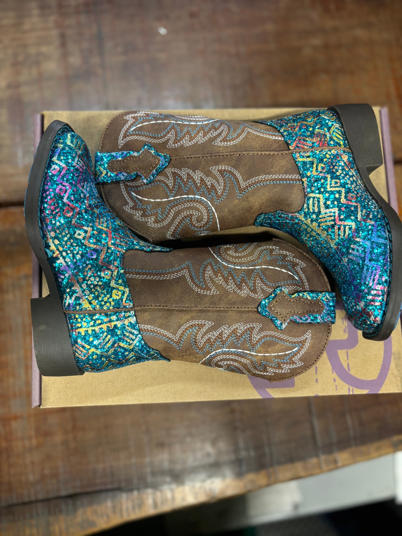 09-018-1225-2063 Roper Kids Boots Glitter Aztec Blue Glitter/Brown