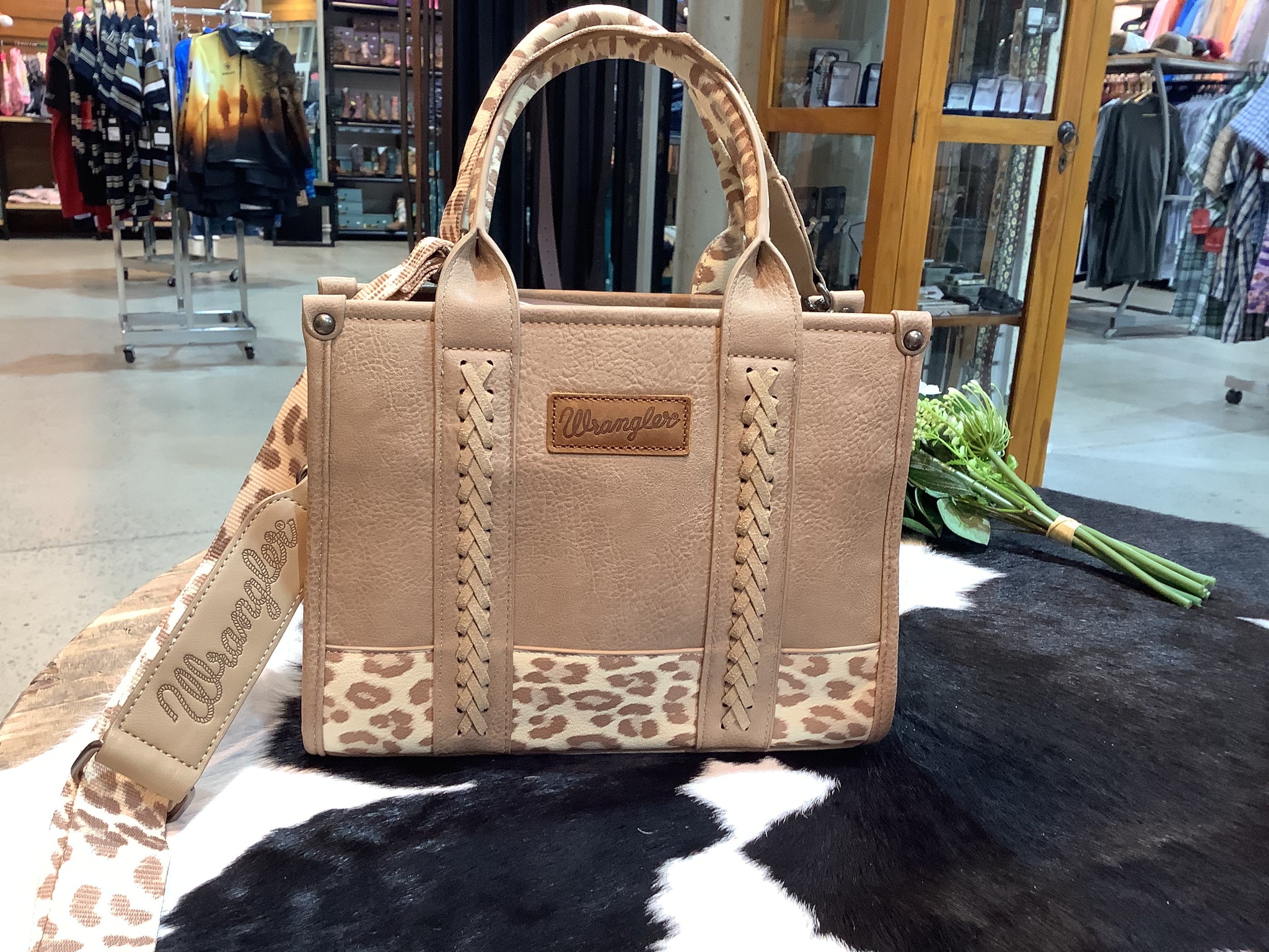 X5S2934BAG Wrangler Southwestern Leopard Print Crossbody Bag Taupe