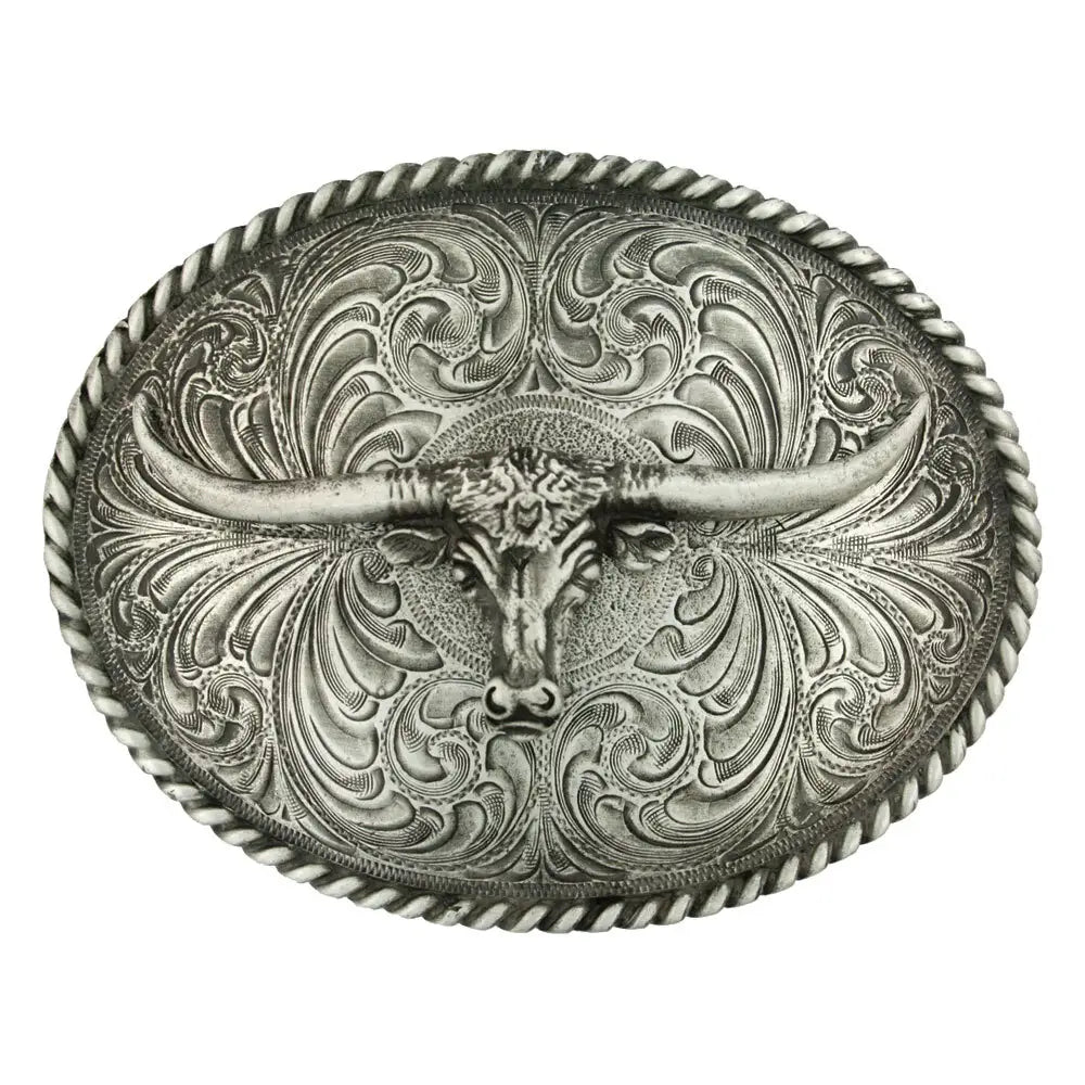 61028 Montana Silversmiths Oval Longhorn Classic Antiqued Attitude Belt Buckle