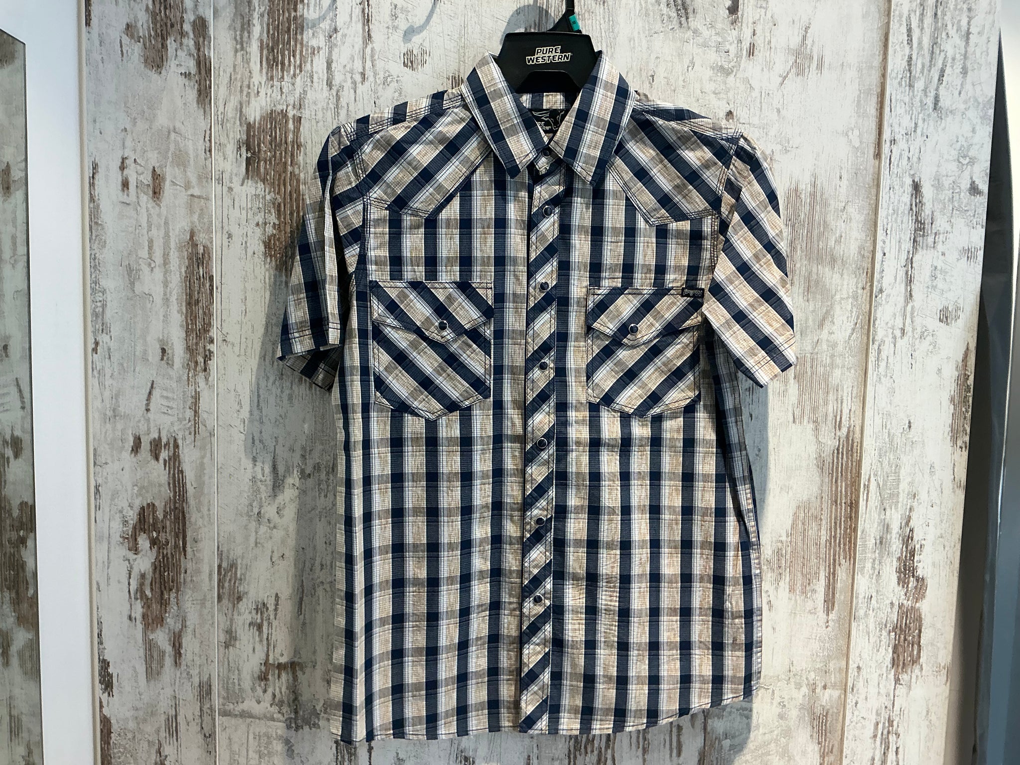 P5S1102075 Pure Western Mens Peter S/S Shirt Navy/Tan