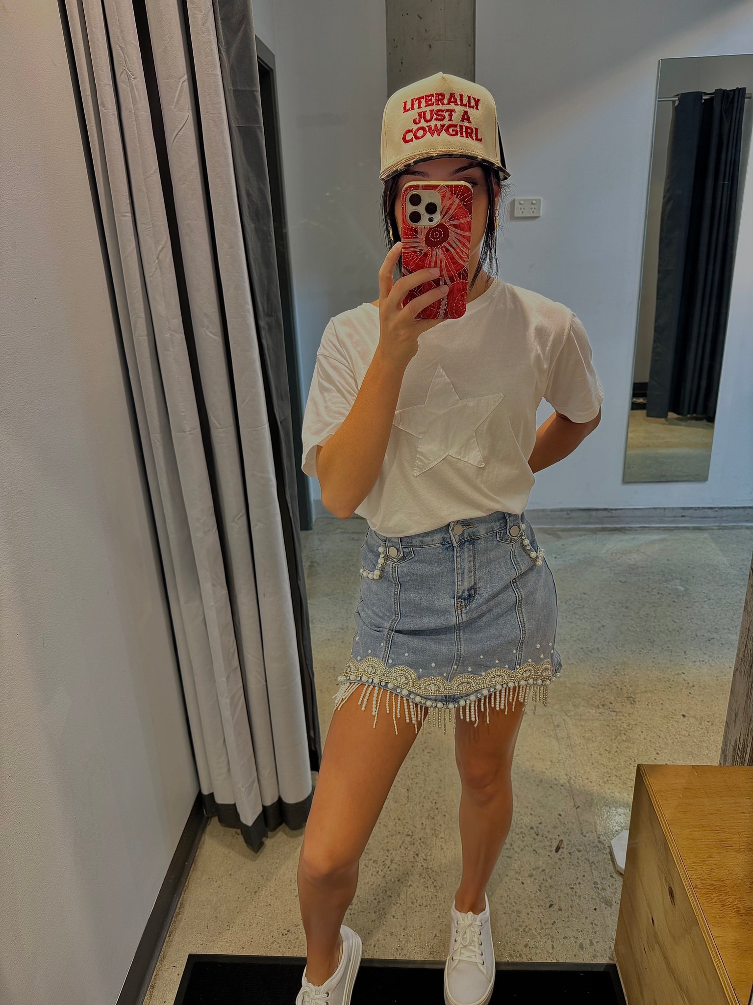 80038S - Stretch Denim Embellished Pearl Fringe Mini Skirt