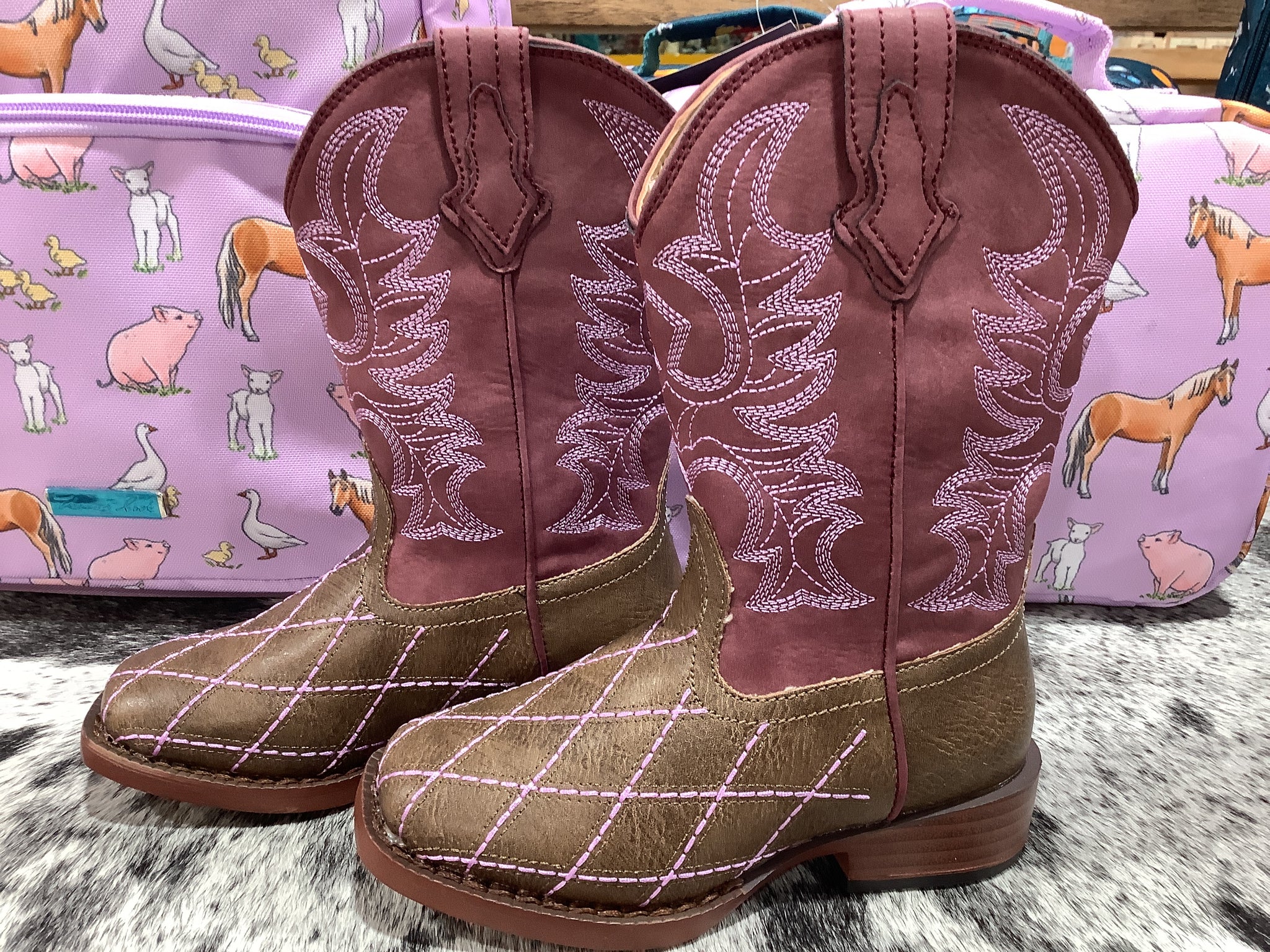 09-018-1900-0081 Roper Kids Square Toe Crosscut Raspberry/Brown Boot