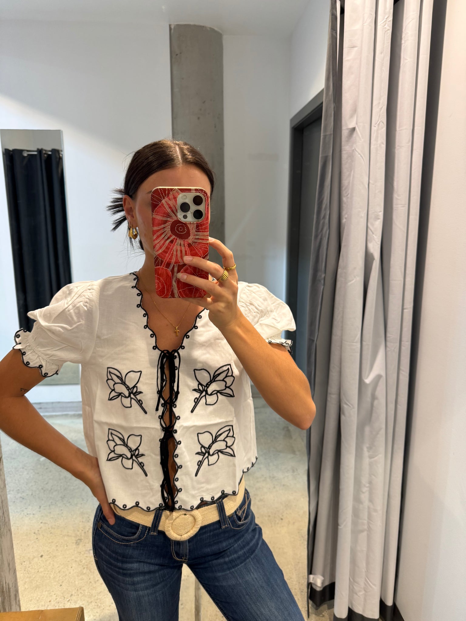 99387T Puff Sleeve Embroidered Tie Front Blouse