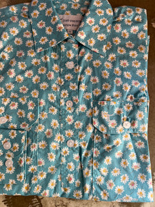 WWLS2359 Just Country Ladies Georgie Half Button Workshirt Teal Daisies