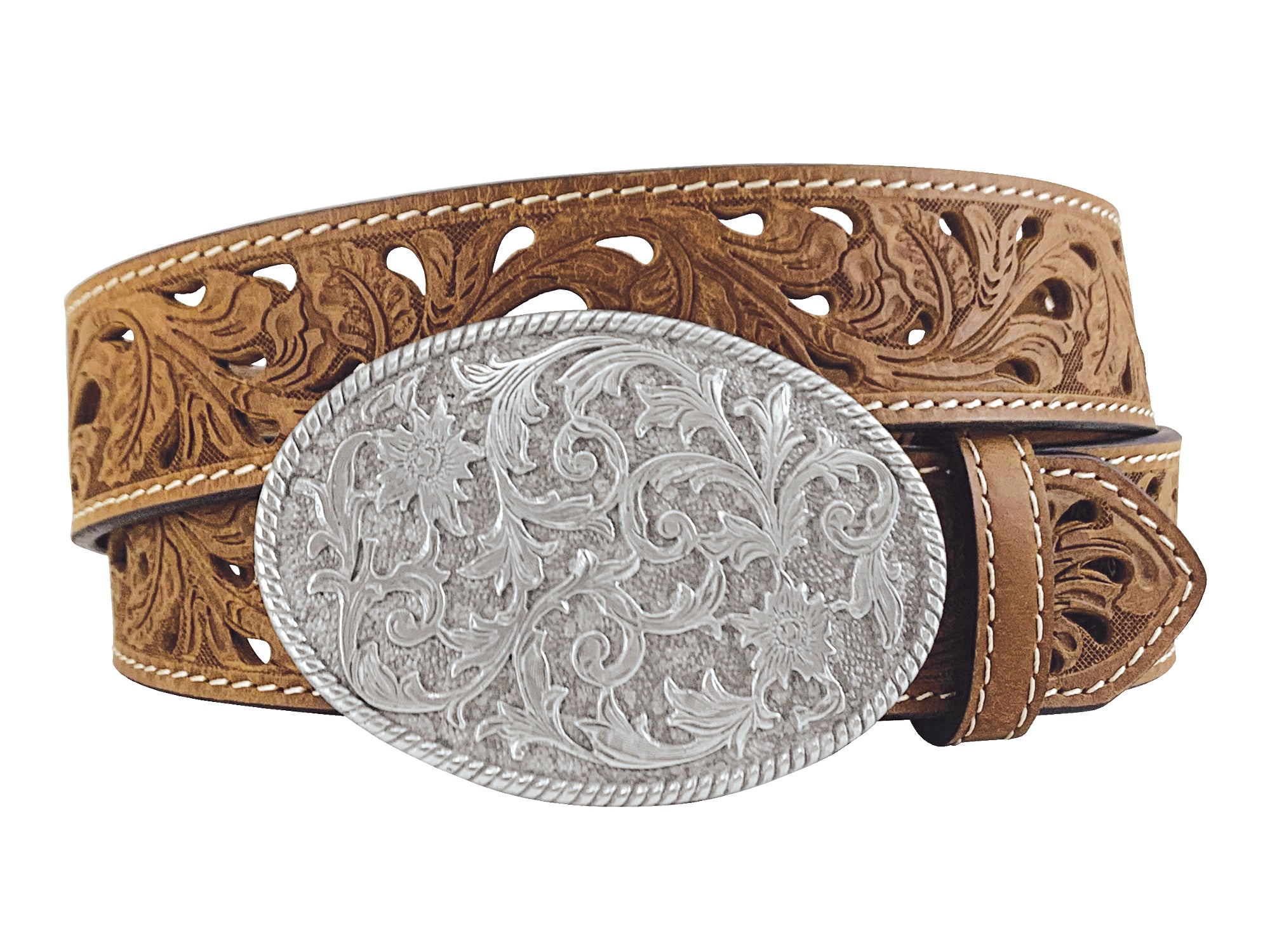 Roper Ladies Belt 1.1/2" Distressed Leather Floral Tooling/Cut Out Tan 8865790