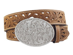 Roper Ladies Belt 1.1/2" Distressed Leather Floral Tooling/Cut Out Tan 8865790