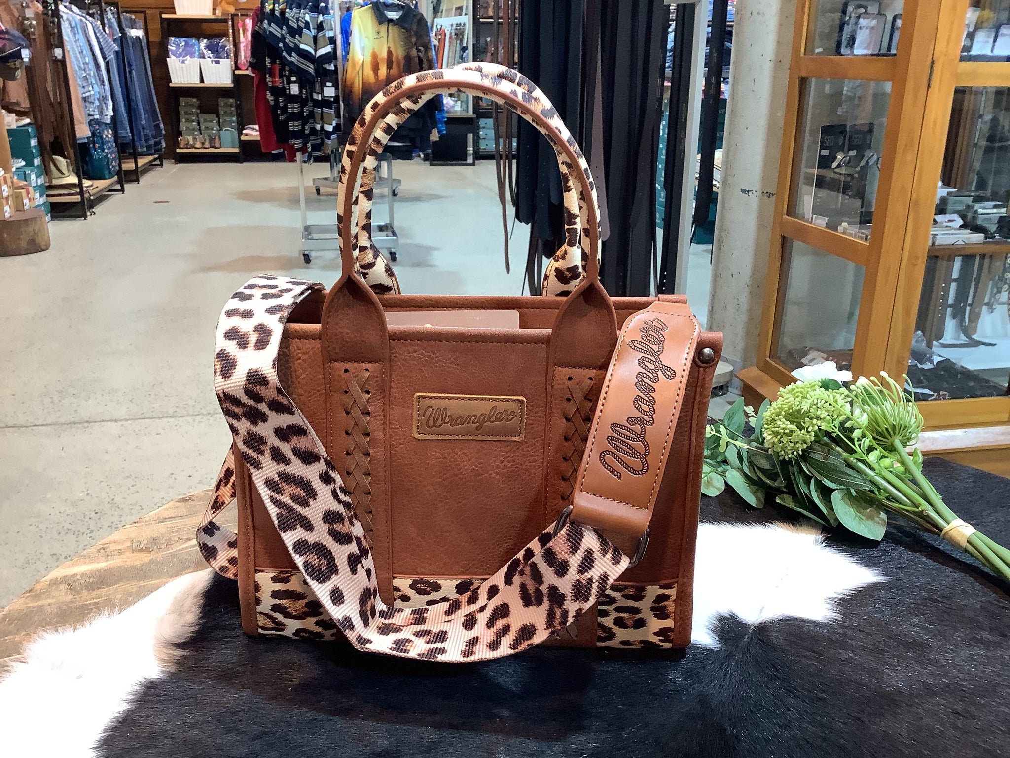 X5S2934BAG Wrangler Southwestern Leopard Print Crossbody Bag Tan