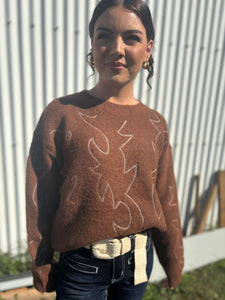 36332W Western Boots Stitch Pattern Crew Neck Sweater Brown