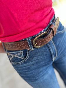 9653300T Roper Ladies 1.5" Floral Embossed Distressed Leather Belt Tan