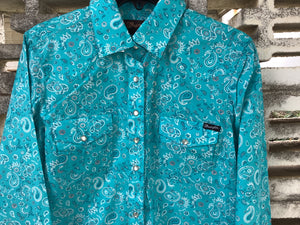 Wrangler Women's Gabby Print Western Long Sleeve Shirt Aqua