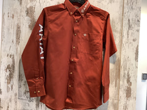 10055288 Ariat Mens Team Logo Twill Classic Fit L/S Shirt Dark Red/Khaki