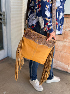 TLB-16 The Design Edge Tooling Hand Carved Medium Sling Bag Tan