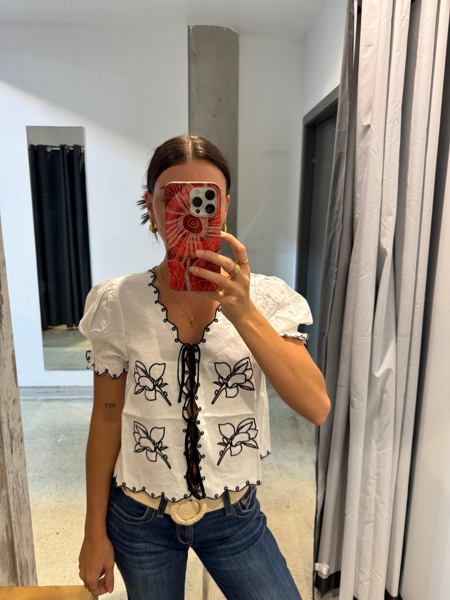 99387T Puff Sleeve Embroidered Tie Front Blouse