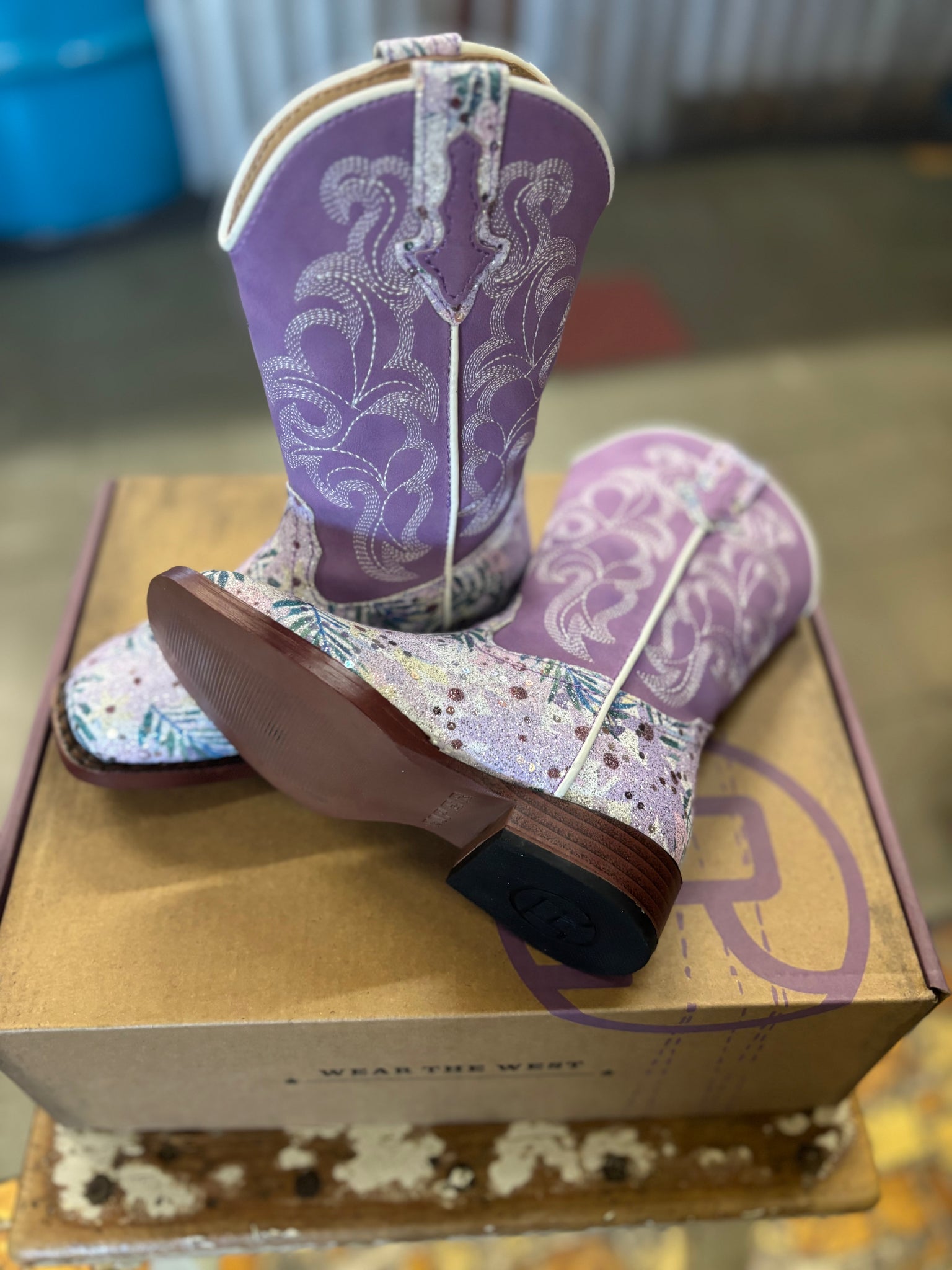 09-018-1901-2928 Roper Kids Boots Glitter Floral White Glitter/Purple