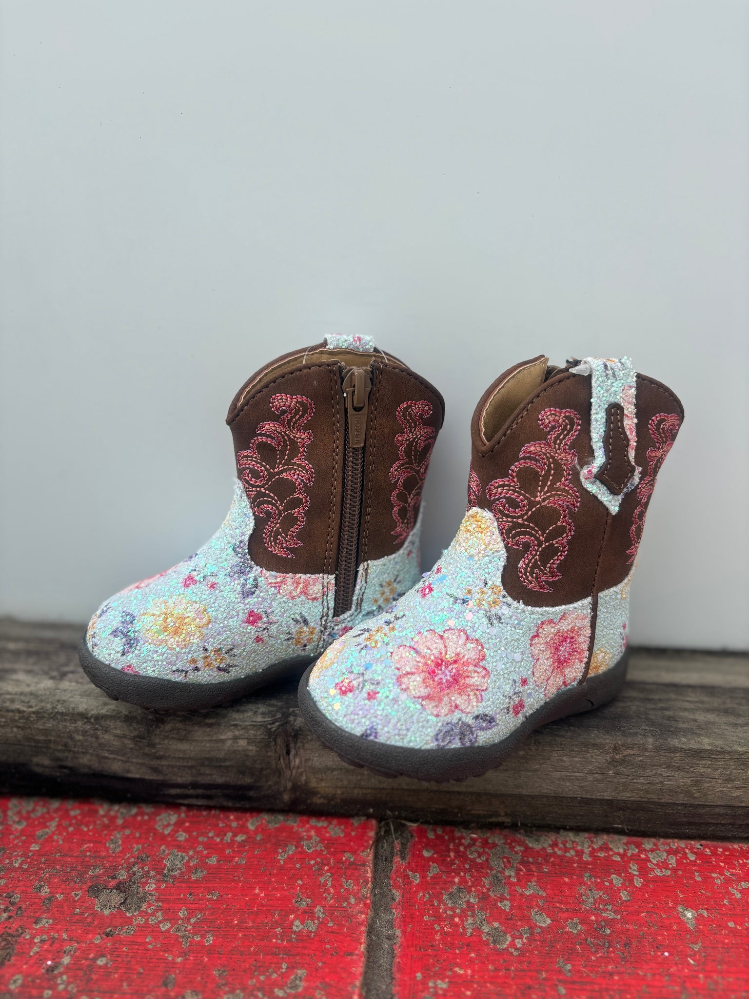 09-016-1901-3435 Roper Infant Cowbaby Glitter Floral Boots Blue Glitter Floral/Brown