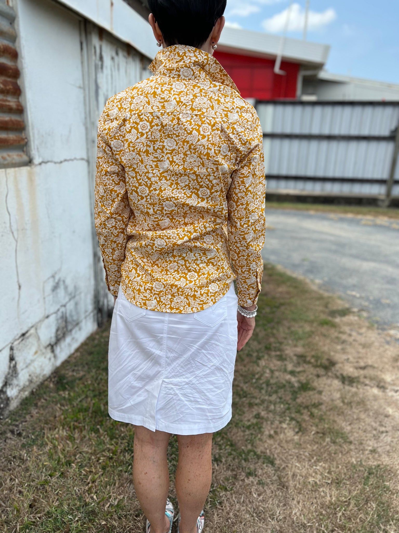 WWLS2372 Just Country Ladies Georgie Half Button Print Workshirt Mustard Floral