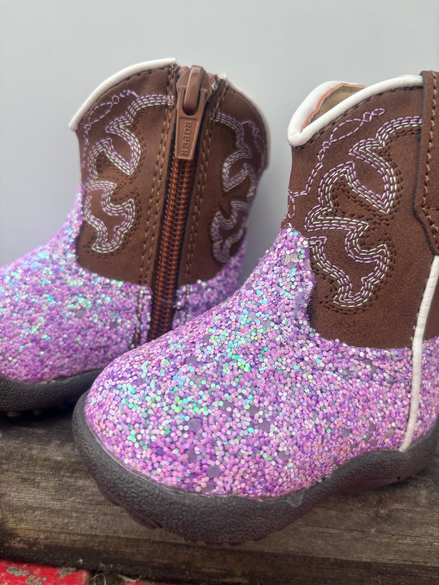 09-016-1901-3434 Roper Infant Cowbaby Glitter Blast Boots Purple Glitter/Brown
