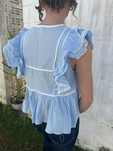 99388T Ruffle Sleeve Tie Neck Crop Top Blue