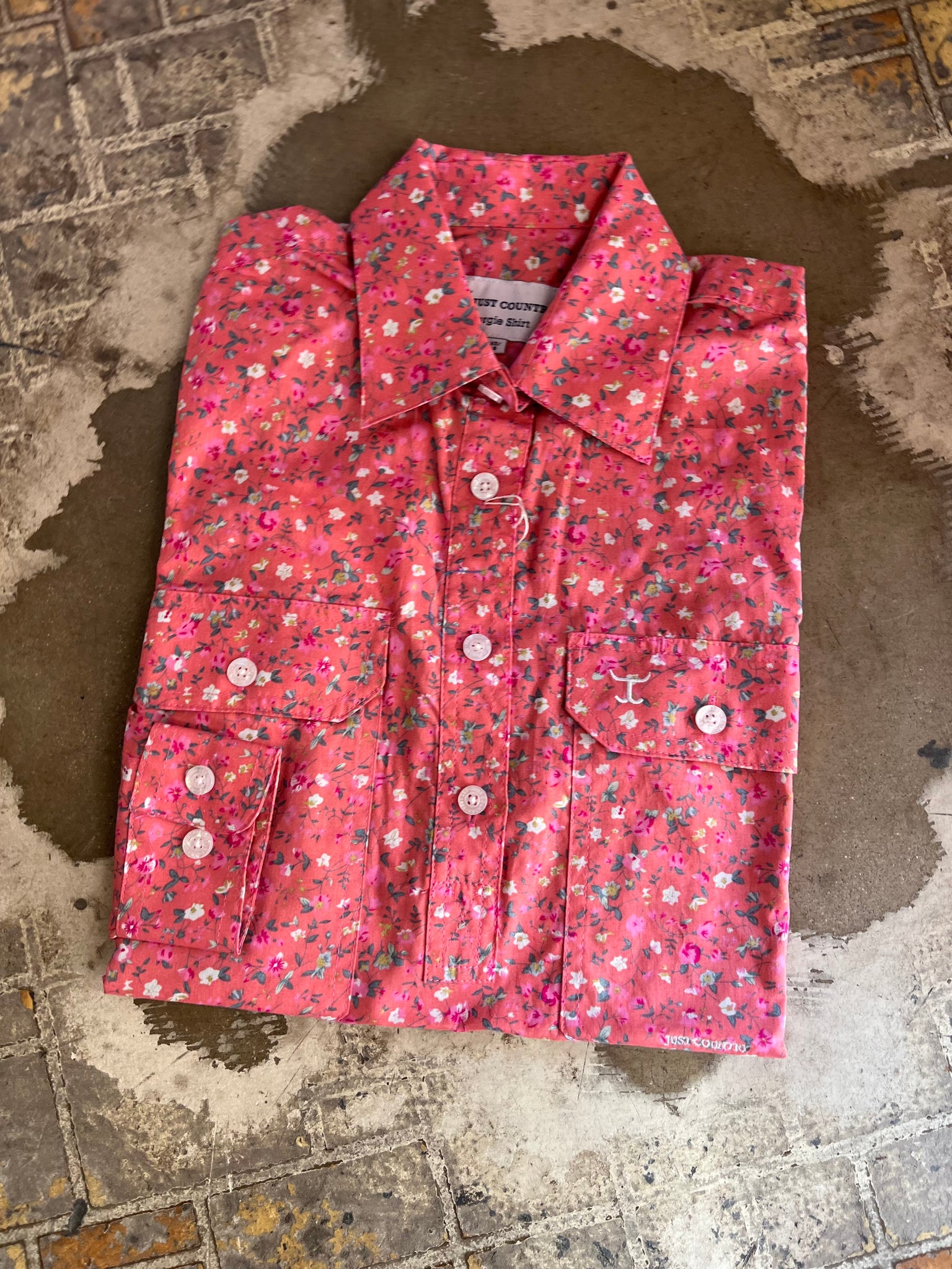 WWLS2356 Just Country Ladies Georgie Half Button Print Workshirt Hot Coral Mini Peonies
