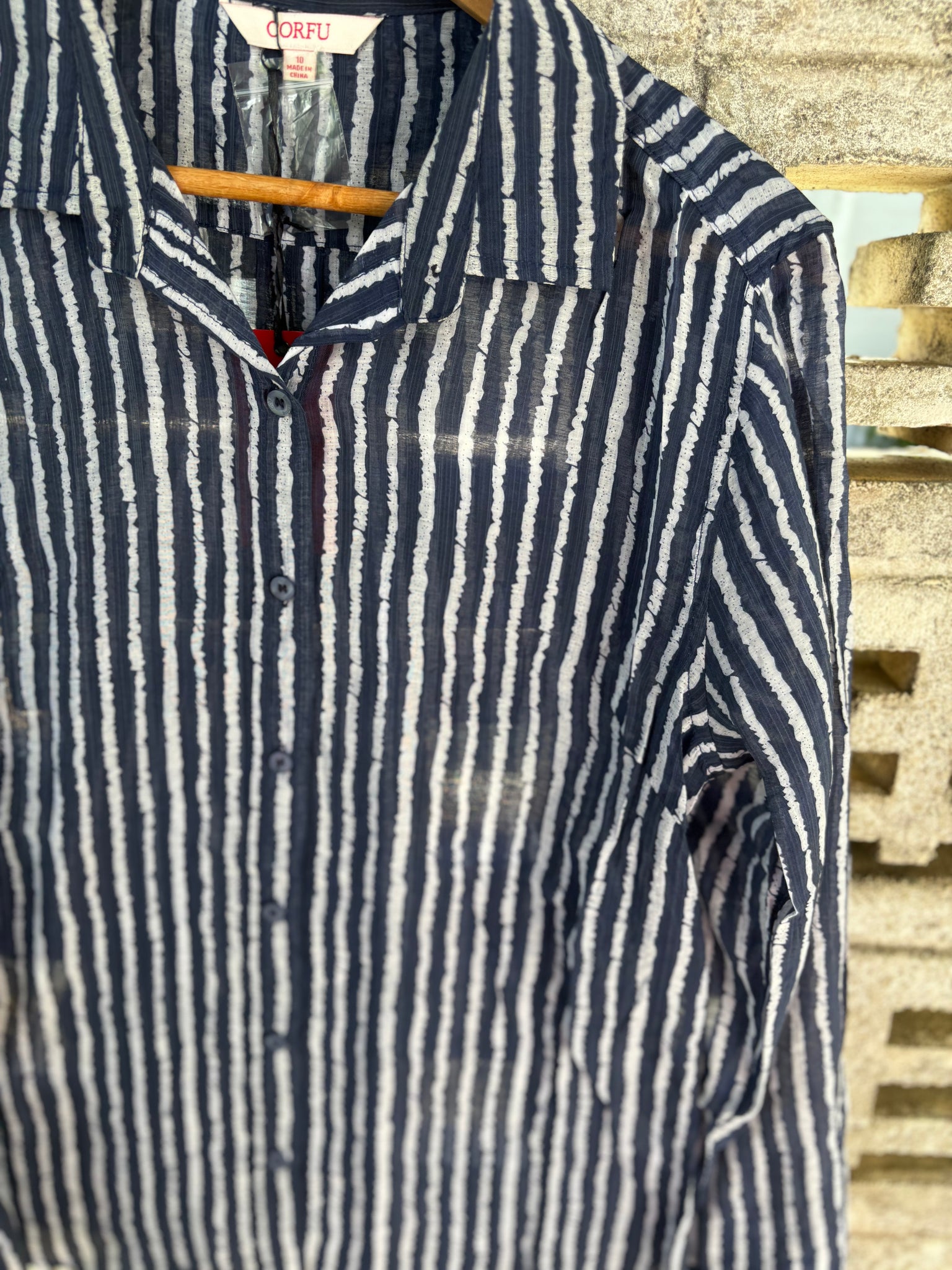 W2426410 Corfu 100% Cotton Print Shirt Navy Stripe