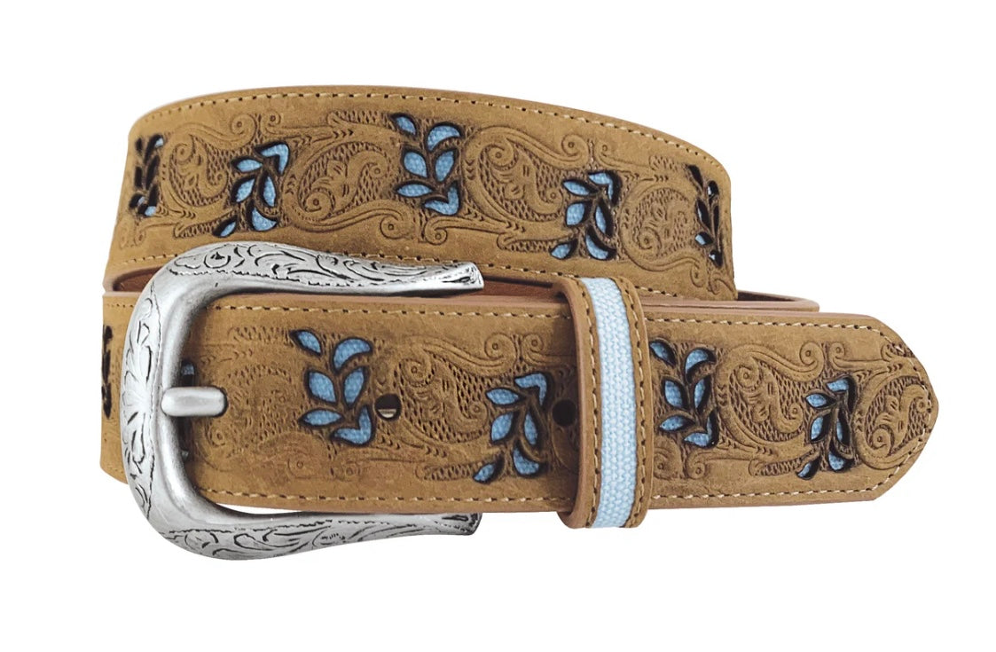 8866790 Roper Women's Distressed Leather Brown Belt - Floral Emboss