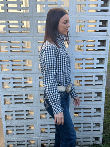 Just Country Ladies Abbey Frills Full Button Print Workshirt Navy Check WWLS2518