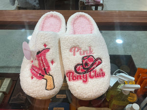 5AL98066-IVPK-L Fuzzy Slippers with Pink Pony Club and Boot Embroidery