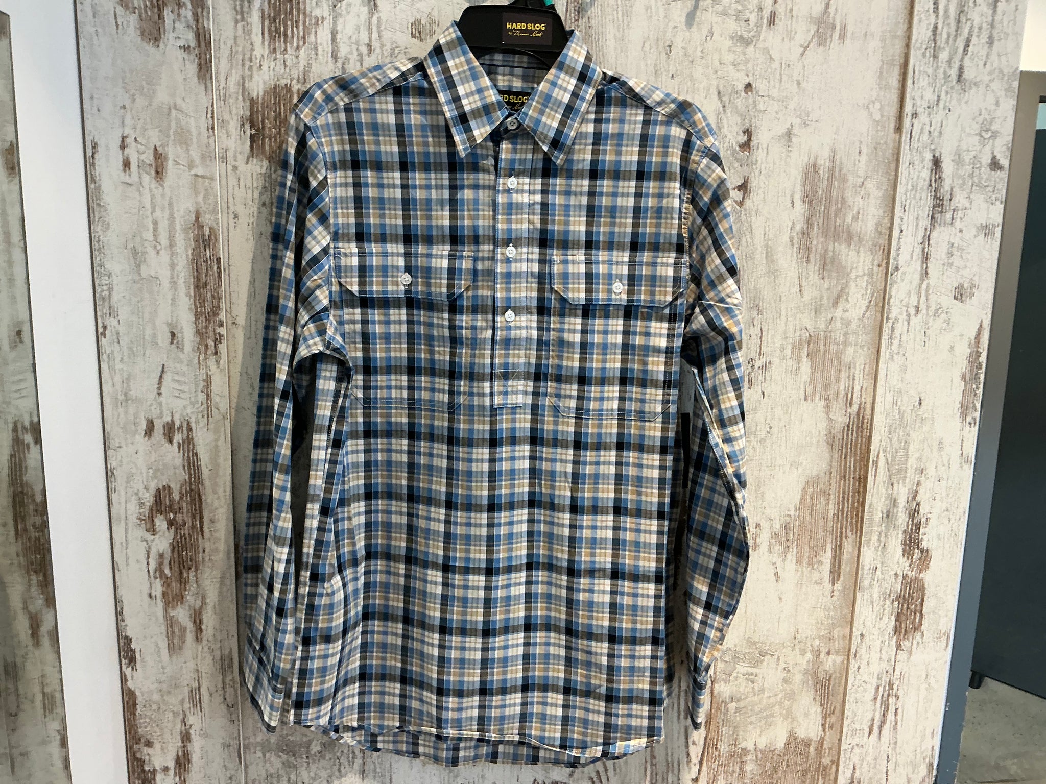 H5S1126185 Hard Slog Mens Gibson 1/2 placket L/S Shirt Blue/Tan