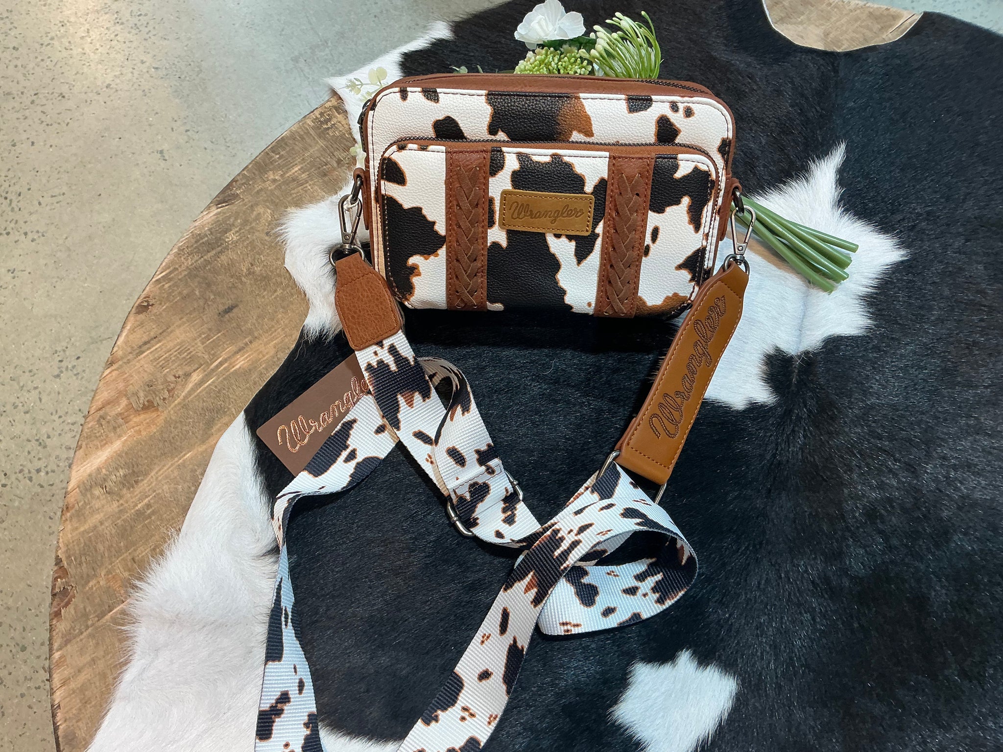 X5S2936BAG Wrangler Southwestern Cow Print Small Crossbody Bag Dark Tan