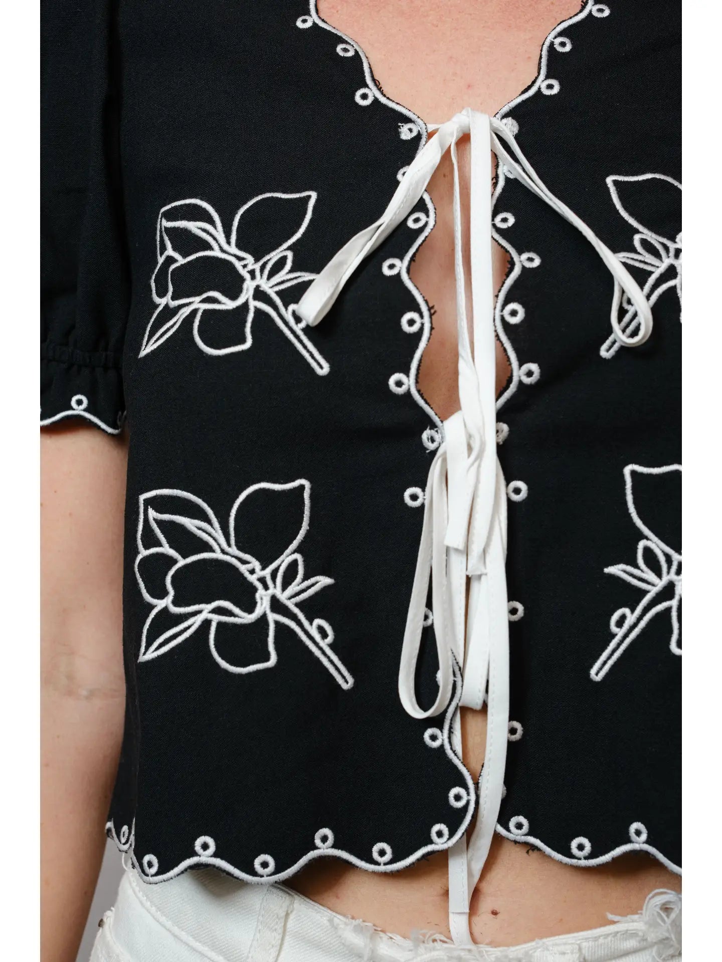 99387T Puff Sleeve Embroidered Tie Front Blouse Black