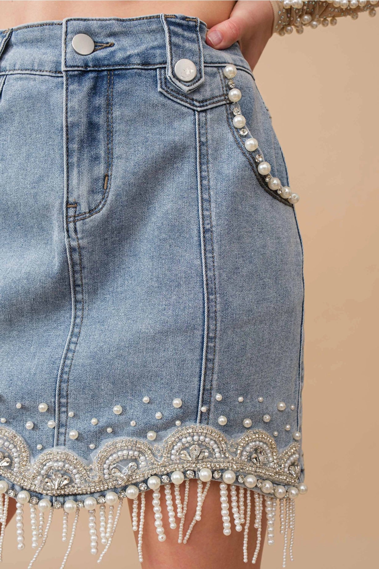 80038S - Stretch Denim Embellished Pearl Fringe Mini Skirt