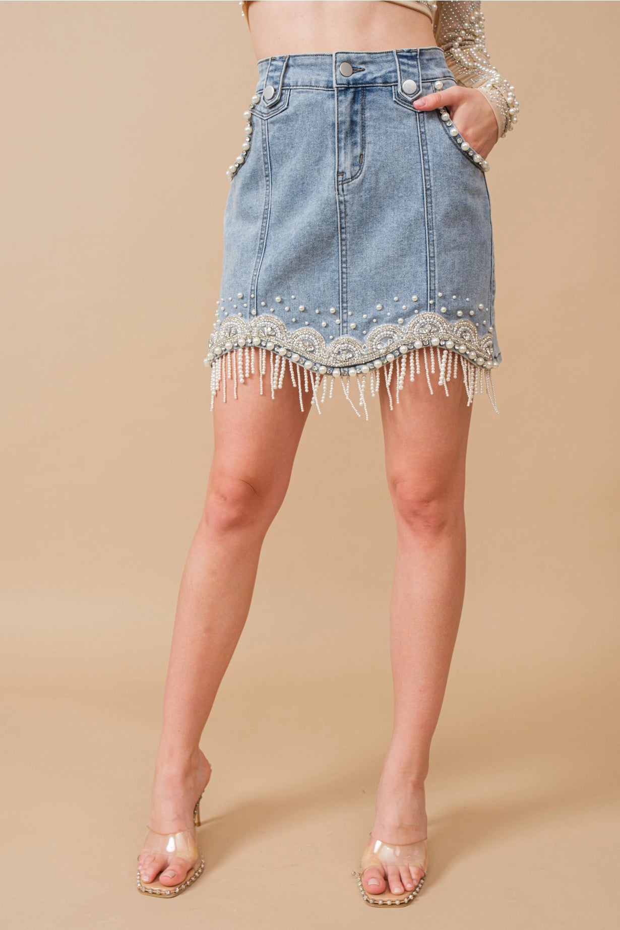 80038S - Stretch Denim Embellished Pearl Fringe Mini Skirt