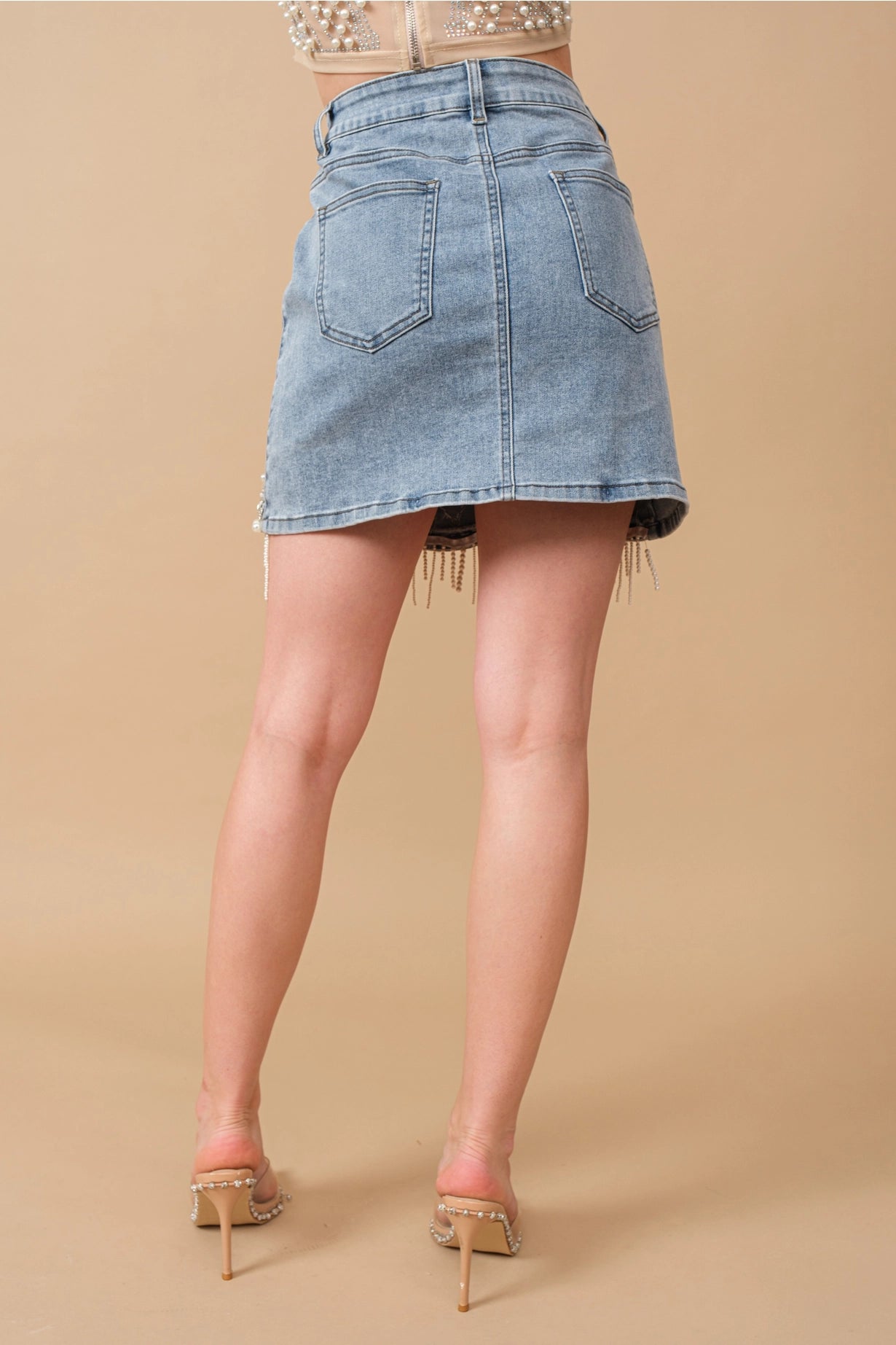 80038S - Stretch Denim Embellished Pearl Fringe Mini Skirt