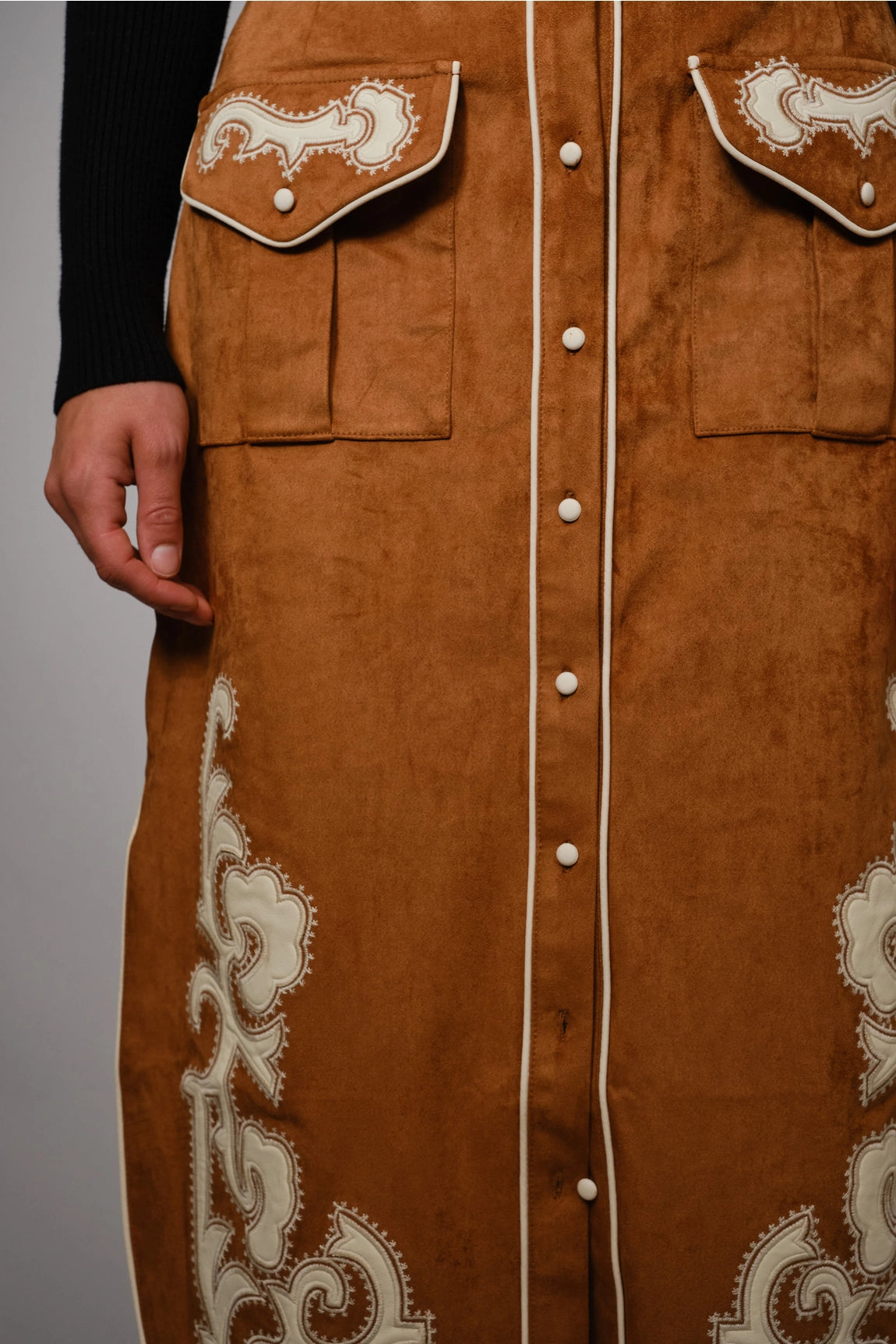 95595S - Suede Embroidered Patch Midi Skirt